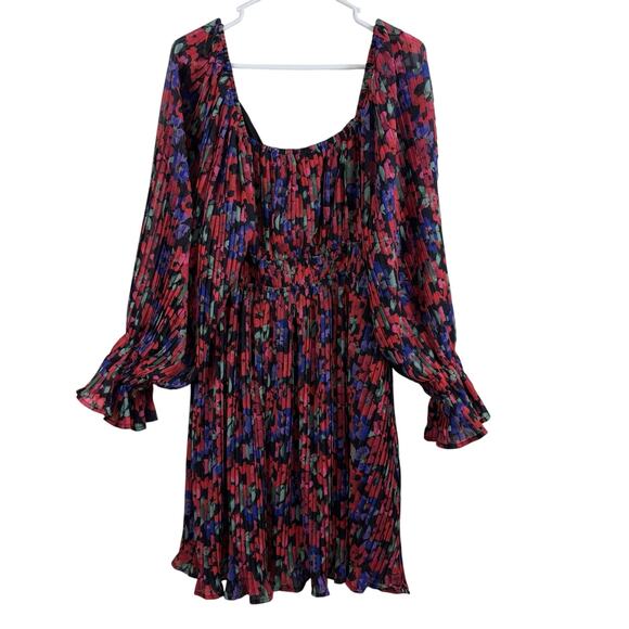 Arula New Black Floral Pleated Mini Dress 1X Long Balloon Sleeve Ruffle Cuffs - Picture 9 of 15